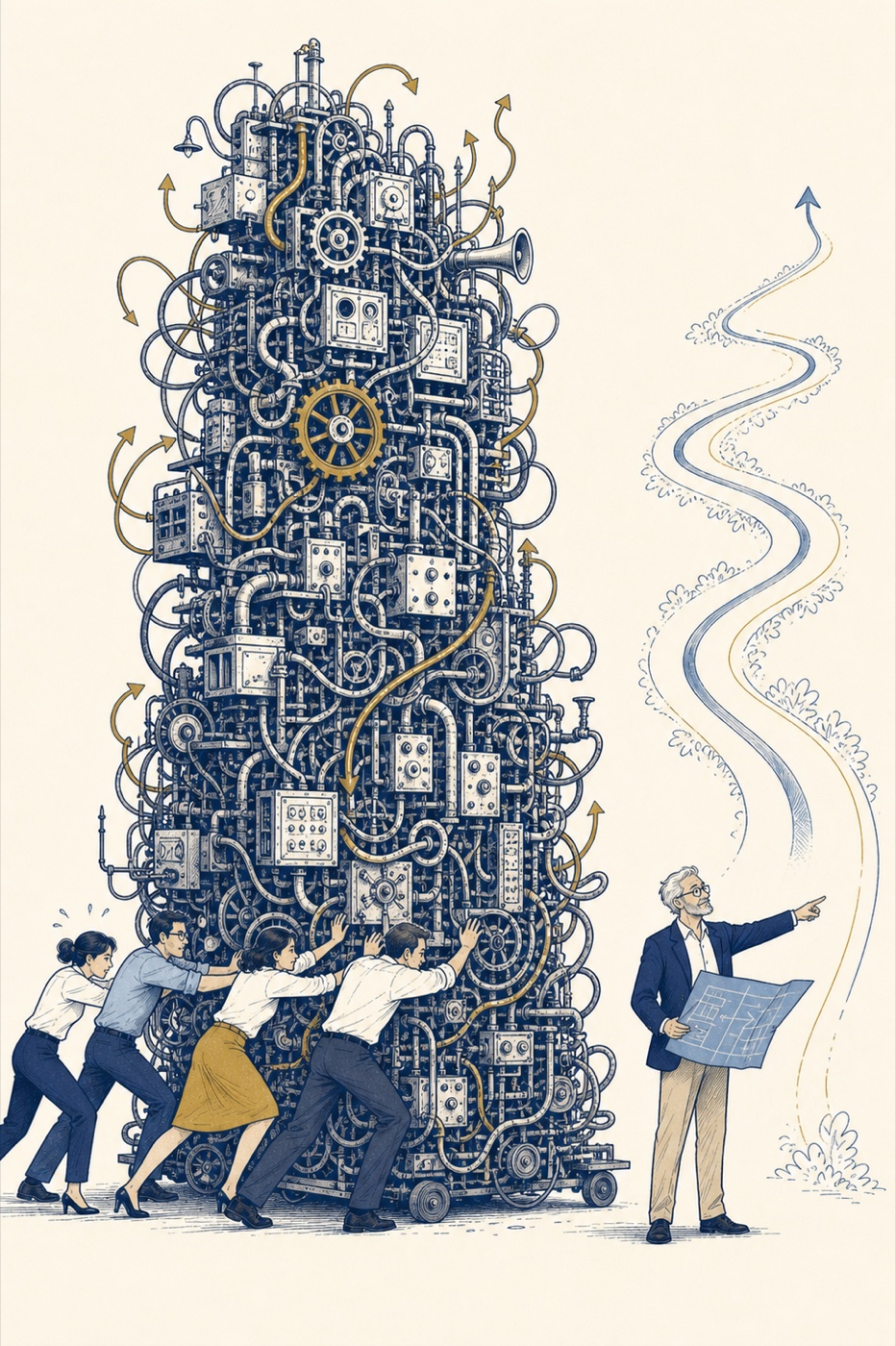 A team pushes a complicated machine while an architect points to a simpler route